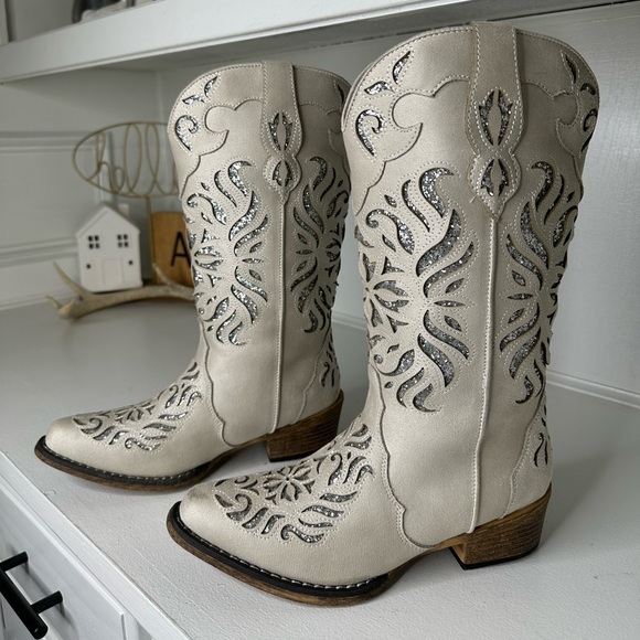 Roper Shoes - Roper Women’s 6.5B White Glitter Inlay Western Cowboy Boot Wedding Rodeo Cowgirl